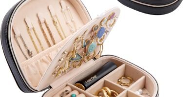 ProCase Travel Jewellery Box Small Organiser for Women Girls, Portable 2 Layer Mini Jewelry Storage Case in PU Leather for Earring Necklace Bracelet Ring Holder Box, Gifts for Women -Black