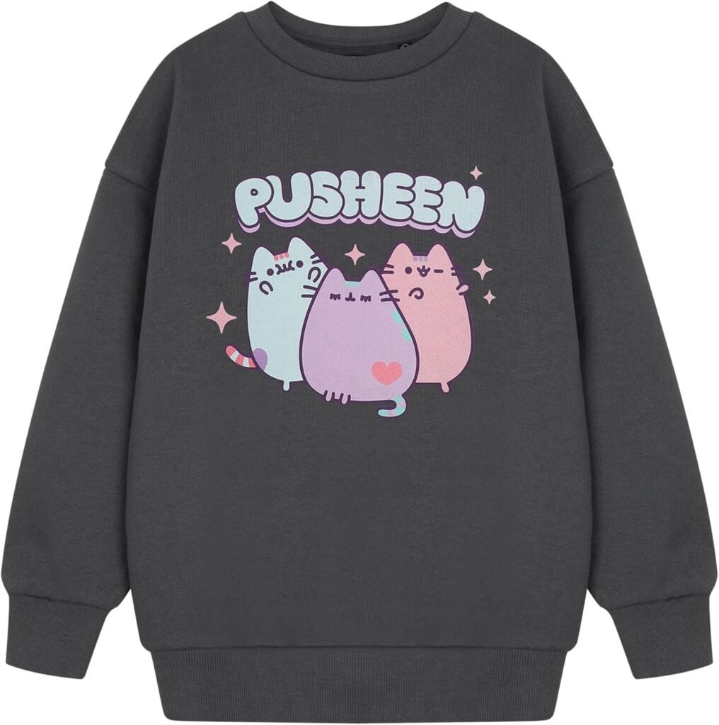 Pusheen Pastel Girls Grey Sweatshirt | Cute Kawaii Cat Graphic Jumper | Long Sleeve Pullover for Kids & Teens | Cosy Casual Merchandise for Cat Loving Kids
