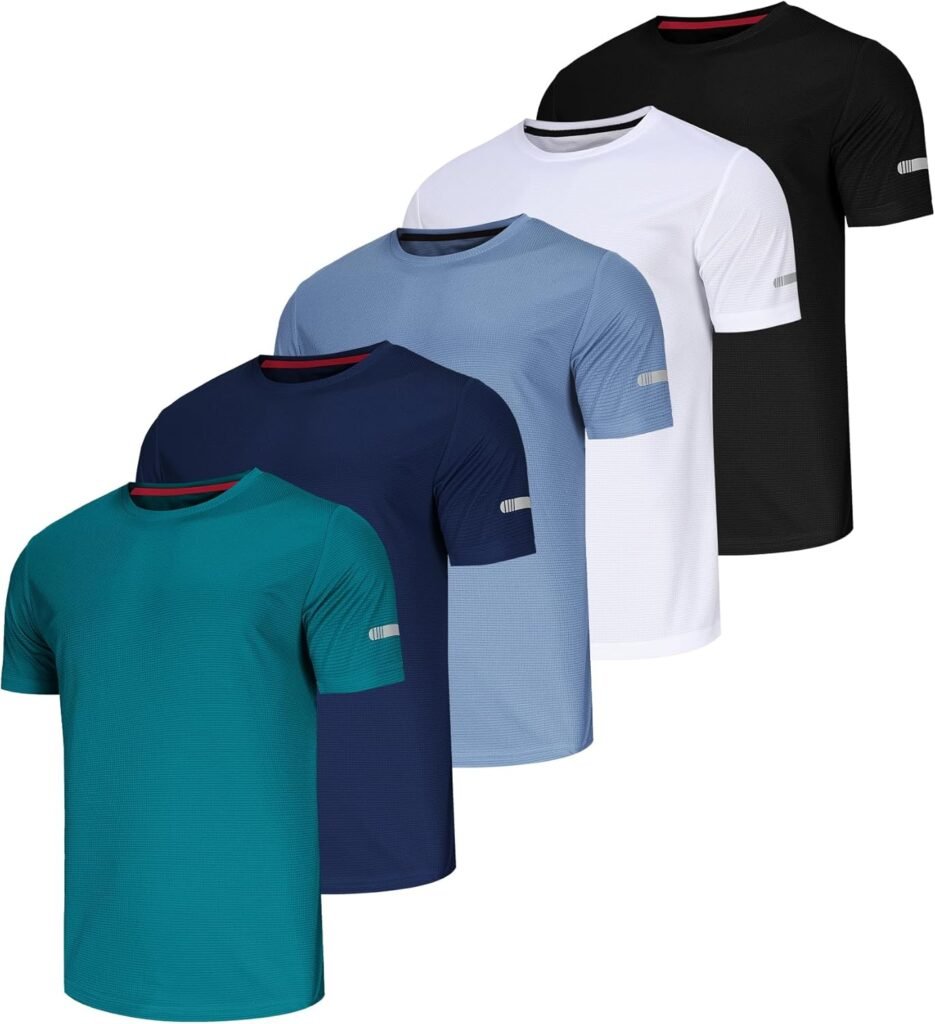 QAYMZUMD 5 Pack Men’s Athletic Fit T Shirts, Moisture Wicking Gym Running Shirts for Workout Training, Short Sleeve Dry Fit Comfort Exercise Athletic Shirts, XX-Large, [UK] Regular, Crew Neck
