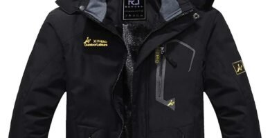 R RUNVEL Men’s Waterproof Fleece Jacket Windproof Outdoor Multi-Pockets Winter Coats