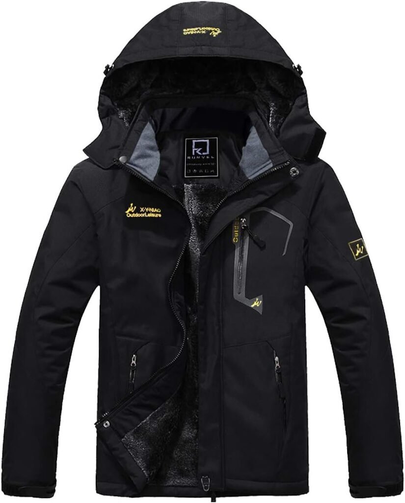 R RUNVEL Men’s Waterproof Fleece Jacket Windproof Outdoor Multi-Pockets Winter Coats