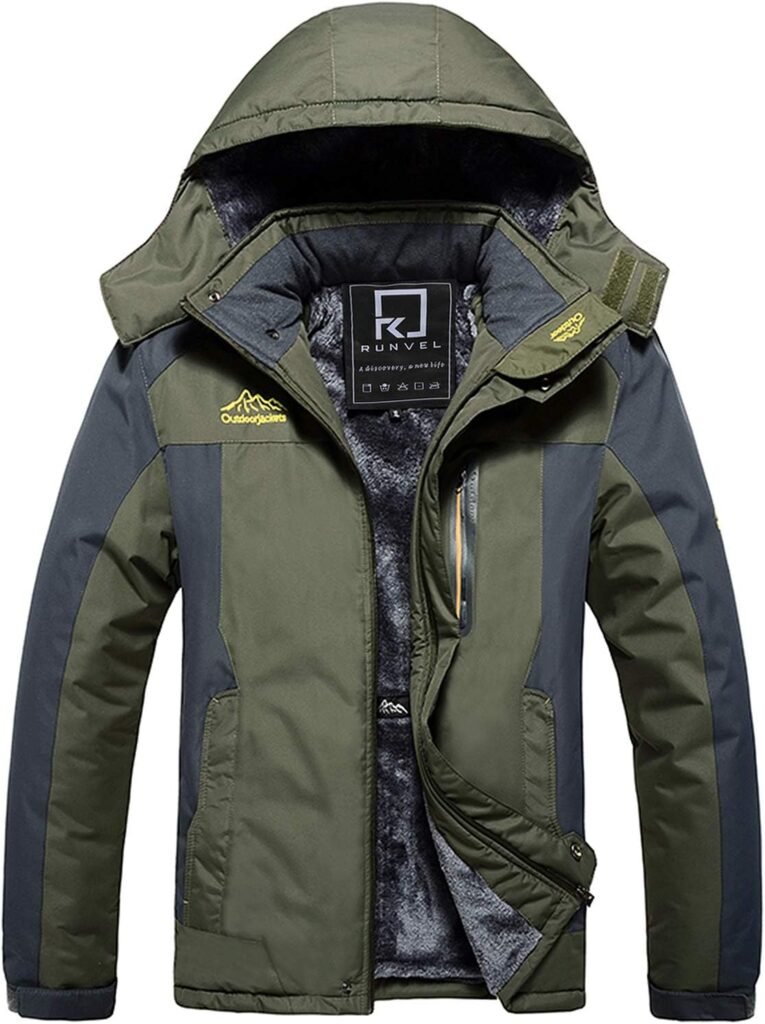 R RUNVEL Men’s Waterproof Fleece Jackets Winter Warm Windproof Outdoor Ski Coats with Detachable Hood