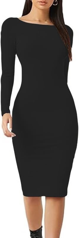 R&N FASHIONS – Womens Plain Bodycon Long Sleeve Maxi/Midi Dress – Round Neck Casual – Comfortable & Lightweight – Suitable for The Holiday, Travel, Party, Wedding, Cocktail,