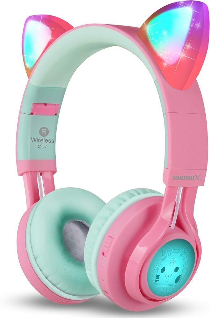 Riwbox Bluetooth Headphones, CT-7 Cat Ear LED Light Up Wireless Foldable Headphones Over Ear with Microphone and Volume Control for iPhone/iPad/Smartphones/Laptop/PC/TV (Pink&Green) Riwbox Bluetooth Headphones, CT-7 Cat Ear LED Light Up Wireless Foldable Headphones Over Ear with Microphone and Volume Control for iPhone/iPad/Smartphones/Laptop/PC/TV (Pink&Green)