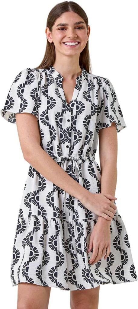 Roman Originals Floral Print Frill Hem Shirt Dress for Women UK – Ladies Everyday Holiday Spring Summer Notch Neckline Comfy Soft Evening Vacation Work Party