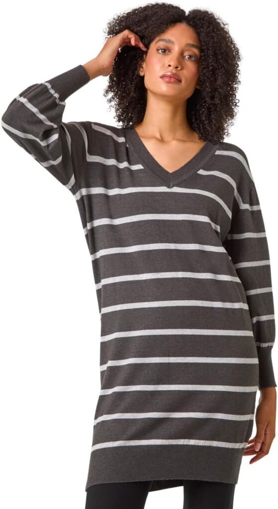 Roman Originals Knitted Jumper Dress for Women UK Ladies Knit Knitwear Autumn Winter Casual Smart Pull On Work Long Sleeves Slouch Relaxed Flattering Over Knee Length V Neck