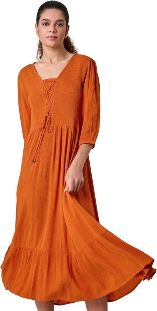 Roman Originals Lace Up Shirred Midi Dress for Women UK – Ladies Everyday Holiday Spring Summer V-Neckline Comfy Soft Evening Vacation Work Party Roman Originals Lace Up Shirred Midi Dress for Women UK – Ladies Everyday Holiday Spring Summer V-Neckline Comfy Soft Evening Vacation Work Party
