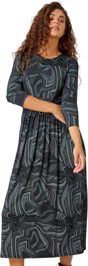 Roman Originals Midi Gathered Dress with Pockets for Women UK Ladies Stretchy Jersey Maxi Round Neck Elasticated High Waisted Boho Flattering Skater Swing Fit Flare