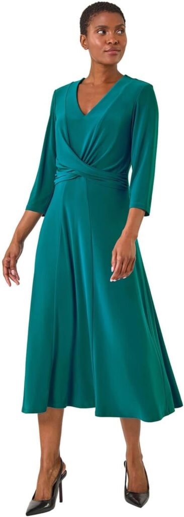 Roman Originals Stretch Crossover Midi Dress for Women UK – Ladies Everyday Autumn Winter V-Neckline Comfy Soft Evening Vacation Work Party Night Out