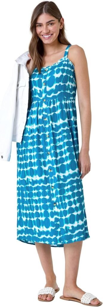 Roman Originals Tie Dye Spot Print Midi Sundress for Women UK – Ladies Everyday Autumn Winter Square Neckline Comfy Soft Evening Vacation Work Party Night Out