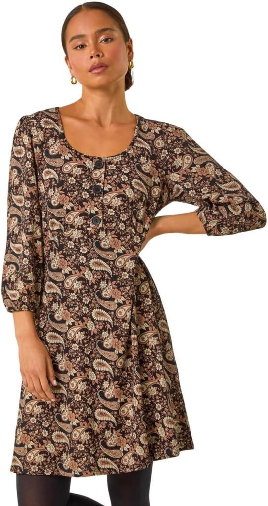 Roman Petite Paisley Print Button Stretch Dress for Women UK – Ladies Everyday Autumn Winter Square Neckline Comfy Soft Evening Vacation Work Party Night Out Roman Petite Paisley Print Button Stretch Dress for Women UK – Ladies Everyday Autumn Winter Square Neckline Comfy Soft Evening Vacation Work Party Night Out
