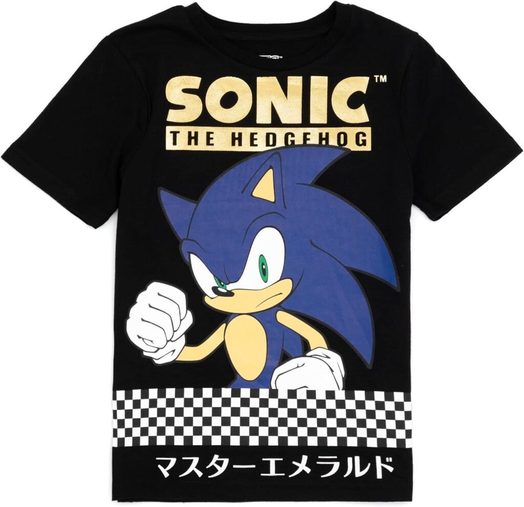SONIC THE HEDGEHOG Kids T-Shirt in Black | Racing Checkered Flag Retro Gaming Graphic Tee | Gold Foil Logo Top for Boys & Teen Gamers | Classic Game Movie Merchandise Gift for Him