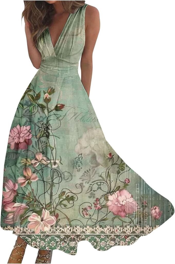 Sexy Deep V Neck Printed Dress for Women, Summer Sleeveless Waist A-Line Dress, Elegant Wedding Banquet Evening Gowns Sexy Deep V Neck Printed Dress for Women, Summer Sleeveless Waist A-Line Dress, Elegant Wedding Banquet Evening Gowns