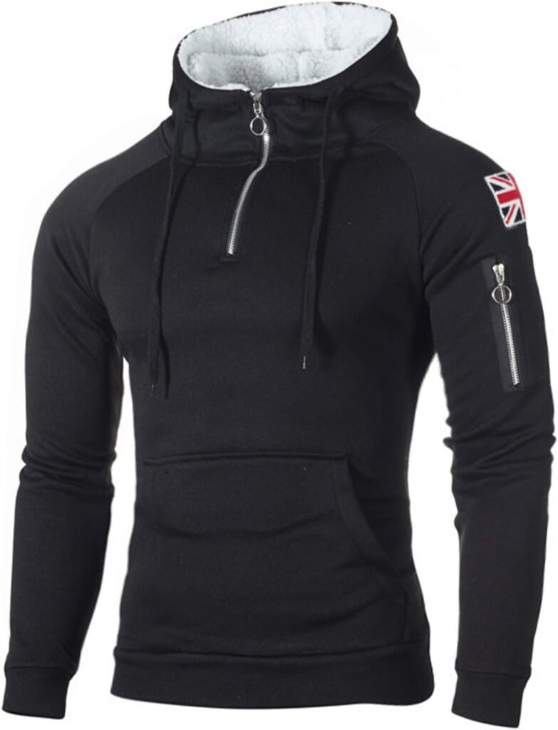 Solid Hoodie for Men UK Asymmetric Zip Hooded Sweatshirt Cozy Comfortable Long Sleeve Jackets Men’s Classic Fleece Pullover with Kangaroo Pocket Leisure Stylish Fleece Tops for Daily Work