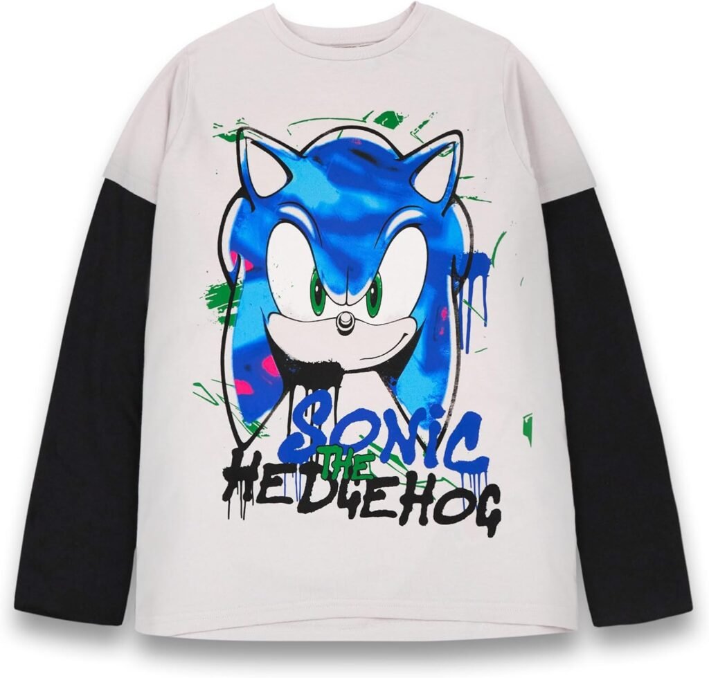 Sonic the Hedgehog Boys T-Shirt | Grey & Black Graffiti Graphic Skater Tee For Kids | Long sleeve with Short Sleeve Overlay Style Gaming Apparel Top | Retro Sonic Merchandise Gift for Children & Teens Sonic the Hedgehog Boys T-Shirt | Grey & Black Graffiti Graphic Skater Tee For Kids | Long sleeve with Short Sleeve Overlay Style Gaming Apparel Top | Retro Sonic Merchandise Gift for Children & Teens