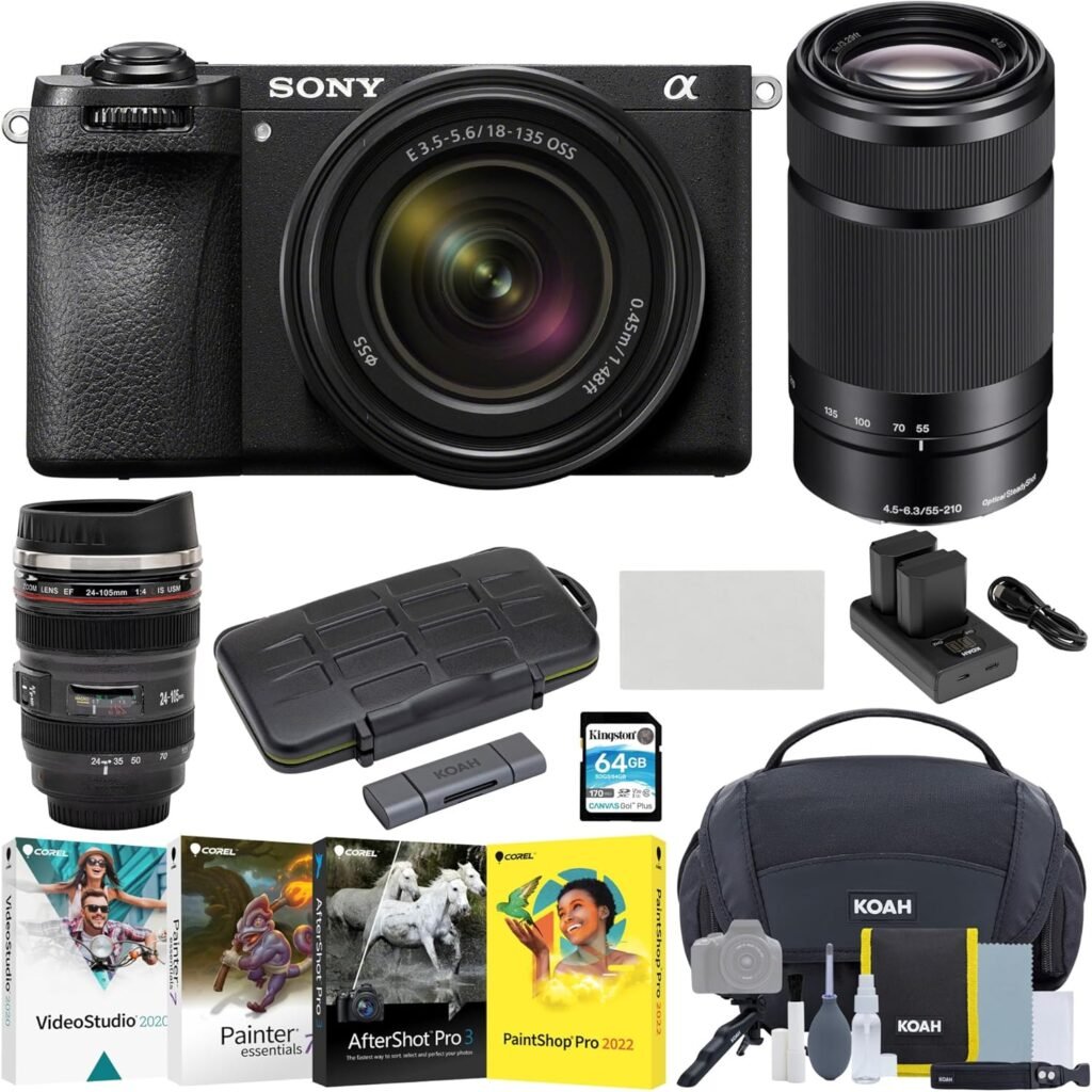 Sony Alpha 6700 APS-C Interchangeable Lens Hybrid Mirrorless with 16-50mm and 55-210mm Lens Bundle with Photo Editing Software, 64 GB Memory Card, Bag, Lens Mug and Accessories (8 Items)