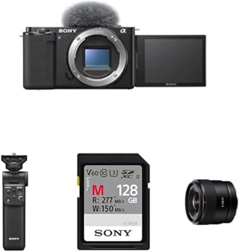 Sony Alpha ZV-E10 APS-C Mirrorless Interchangeable Lens Vlog Camera + Content Creator kit “Lens Edition” including: Bluetooth Shooting Grip, E 11mm F1.8 Lens, Memory Card and Flash