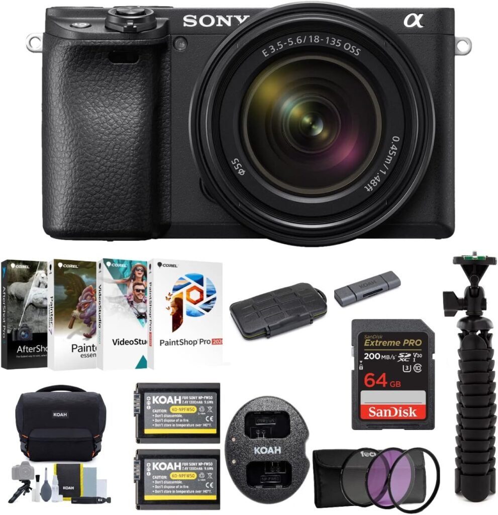 Sony Alpha a6400 Digital Camera with 18-135mm Lens (Black) Bundle, Memory Card, Filter Kit, Battery (2-Pack) and Dual Charger, Gadget Bag, Tripod, Software Suite, Card Reader, and Case (9 Items)