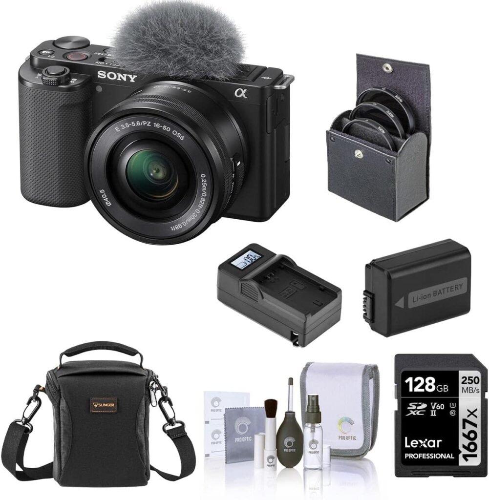 Sony ZV-E10 Mirrorless Camera with 16-50mm Lens, Bundled with,128GB SD Memory Card, Shoulder Bag, Extra Battery Pack, Smart Charger, 40.5mm Digital Essentials Filter Kit (8 Items)