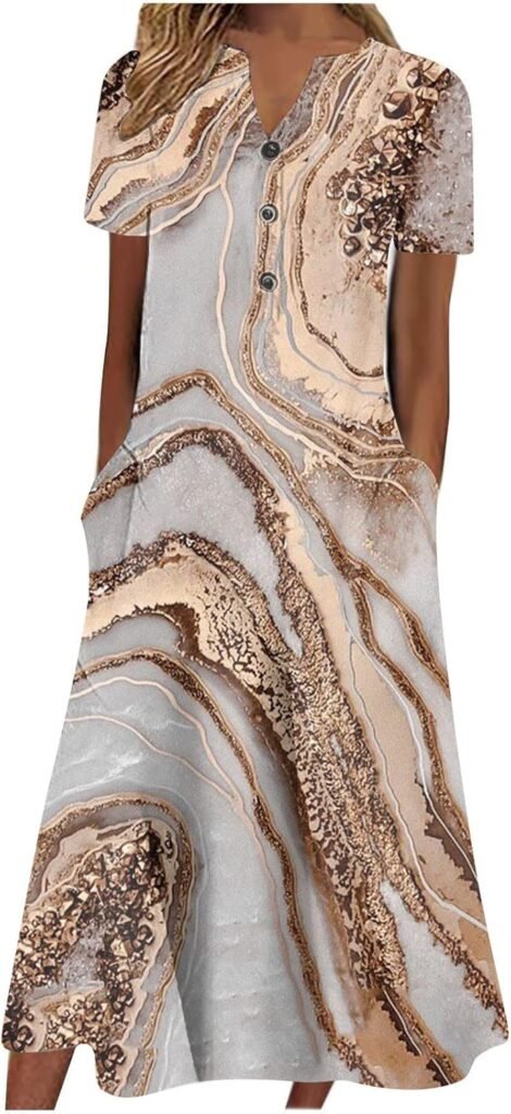 Summer Dresses for Women 2023 Casual V-Neck Buttons Short Sleeve with Pocket Printed Swing Dresses Ladies Trendy Tunic Dresses Activewear Dresses for Vacation Cocktail Formal Work Wedding