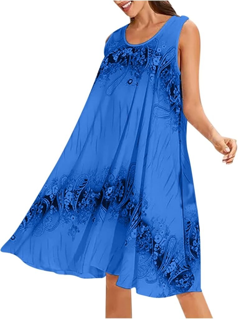 Summer Dresses for Women UK Plus Size Sleeveless Floral Casual Midi Dress Beach Loose Sundress Ladies Trendy Tunic Dresses Activewear Dresses for Vacation Cocktail Formal Work Wedding