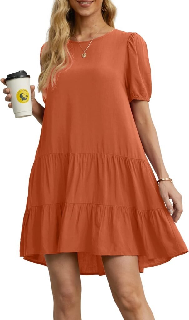 Summer Dresses for Women UK, Womens Summer Casual Mini Dress with Crew Neck, Short Sleeve Lantern Sleeve, Cute A-Line, Swing Patchwork Ruffle Hem, Cocktail, Beach, Solid Petite Sun Dresses for Ladies