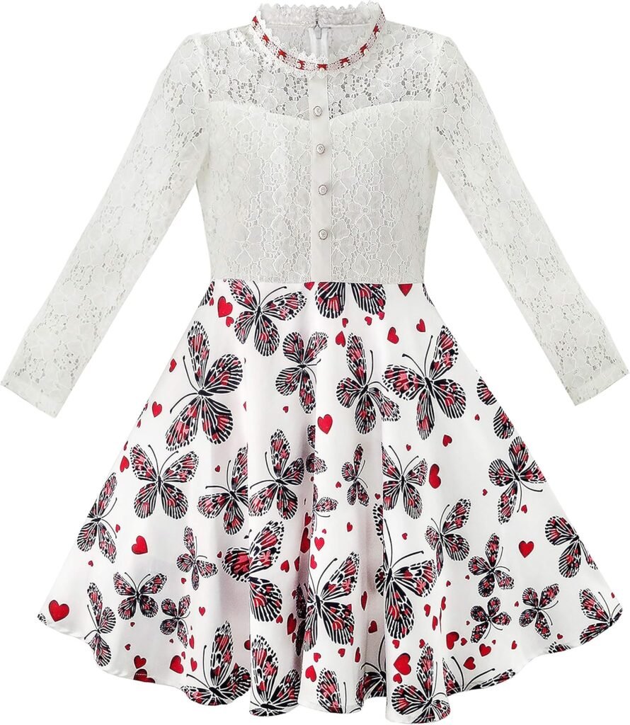 Sunny Fashion Girls Dress Lace Pearl Plum Blossom Elegant Princess Dress Age 7-14 Years