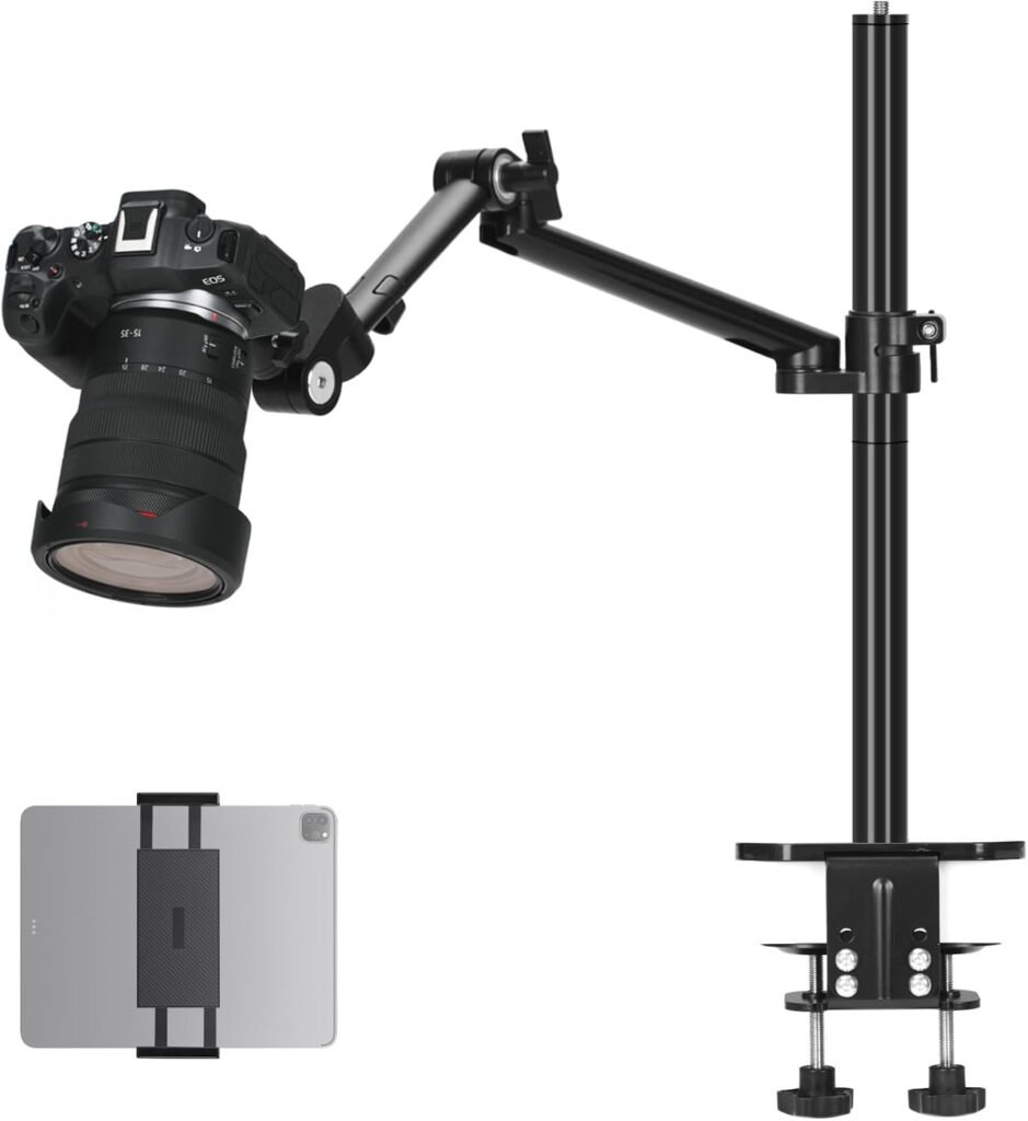 TARION Camera Arm Desk Mount: Heavy Duty DSLR Desktop Mount Camera Stand with Tablet Holder Double C Clamp 1/4 3/8 Screw Adapter Articulating Arm for Selfie Streaming Videography TitanRig Lite Z