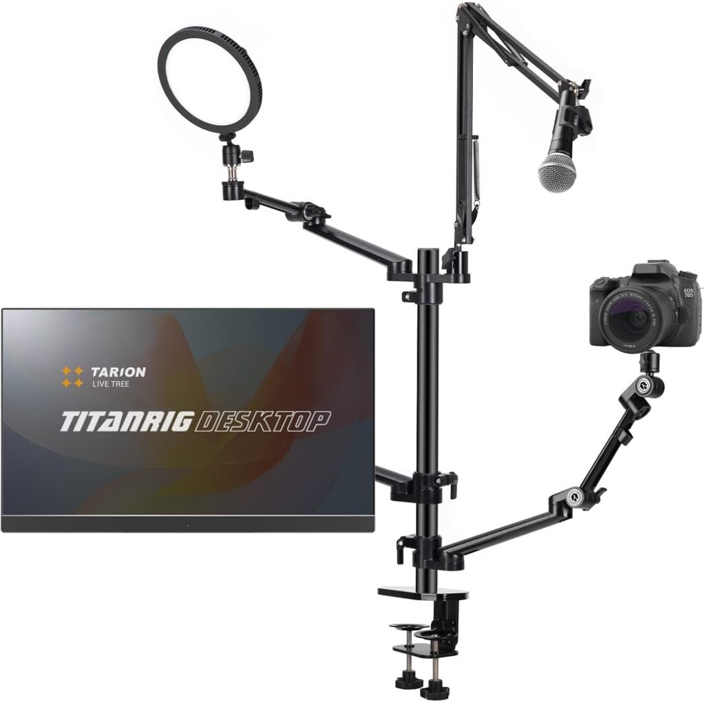 TARION Camera Arm Mount for Streaming: 4-in-1 Overhead Camera Desk Mount Stand Adjustable with 1 Mic Boom + 3 Articulating Arms for Camera Ring Light Monitor/Laptop Desktop Live Stream Stand TitanRig