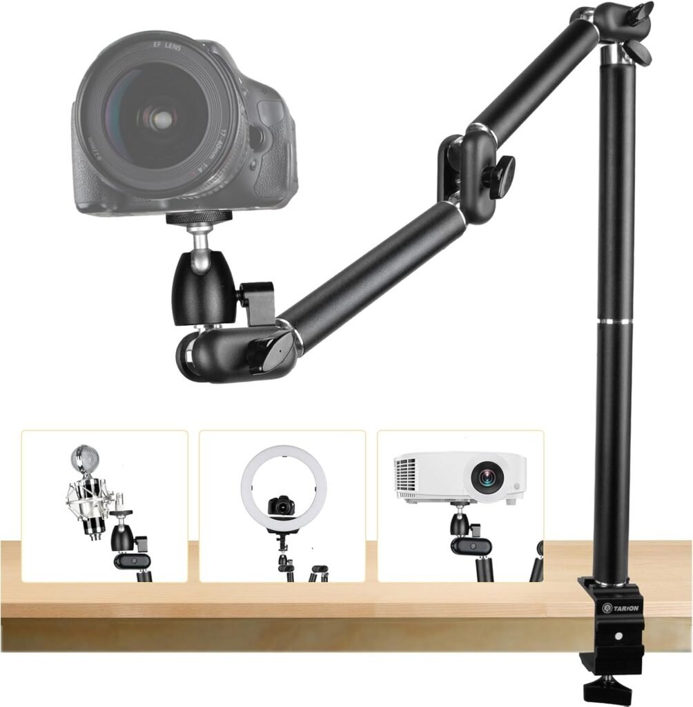 TARION Overhead Tripod Camera Desk Mount 360° Flexible Articulating Arm with 3/8” Screw and 3/8” to 1/4” Screw for DSLR Cameras Projector Ring Light (L)