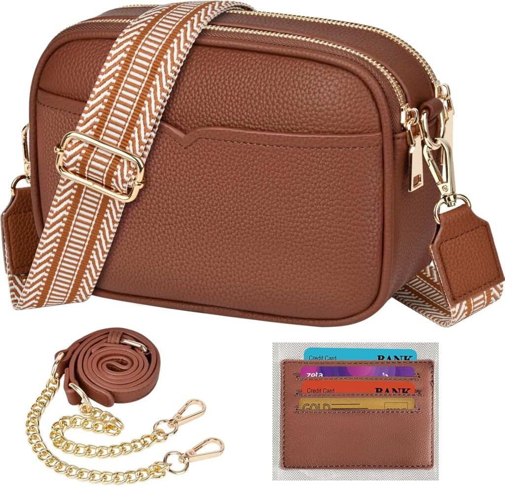 TEUEN Crossbody Bags Women Leather, Small Ladies Shoulder Bags Elegant Handbags Phone Bag With 2 Removable Wide Strap & Chain Cross Body Bag With 4 Card Slots