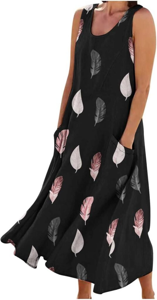 TURWXGSO Sundresses for Women UK Casual Cotton Linen Loose Fit Ladies Dress Summer Sleeveless Beach Party Long Dress with Pockets Elegant Holiday Solid Vacation Dress