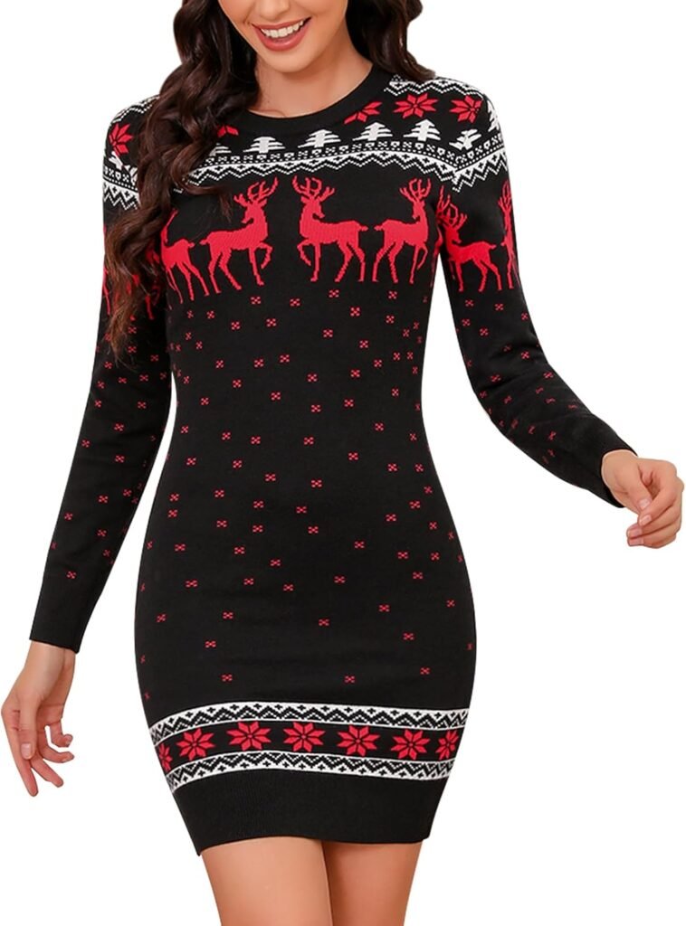 Totatuit Christmas Jumper Dress for Women Novelty Reindeer Snowflakes Knitted Ladies Xmas Dress Long Sleeve Crew Neck Christmas Sweater Pullover Knitwear