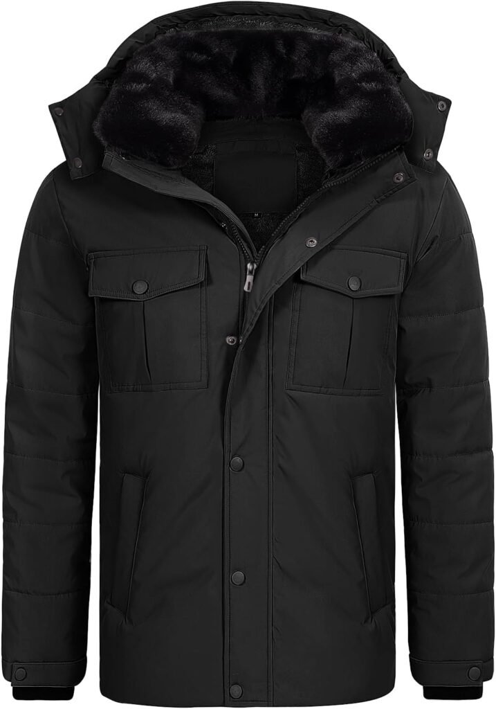Tuopuda Men’s Parka Jacket Winter Zip Up Fleece Jacket Windbreaker Thermal Puffer Parka Coats Warm Outdoor Coat with Removable Hood