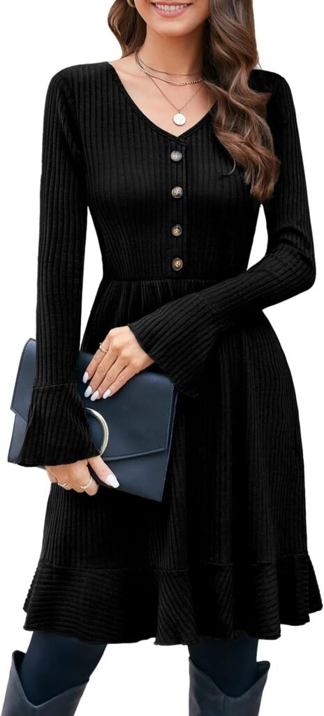 ULTRANICE Jumper Dress for Women UK Ladies V Neck Knitted Casual Dresses Decor Buttons Long Sleeve Winter Dress ULTRANICE Jumper Dress for Women UK Ladies V Neck Knitted Casual Dresses Decor Buttons Long Sleeve Winter Dress