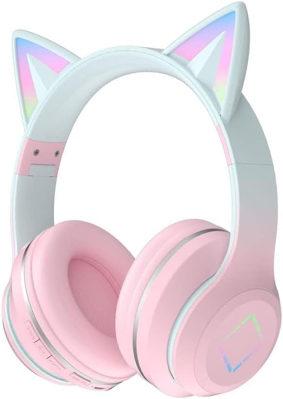 Usoun Kids Headphones,Cat Ear Led Light Bluetooth Kids Headphones with Mic,Girls Headphones Wireless,TF Card,3.5mm Audio,Wireless/Wired Foldable Kids On Ear Headphones for Boys Girls Adults (Pink)