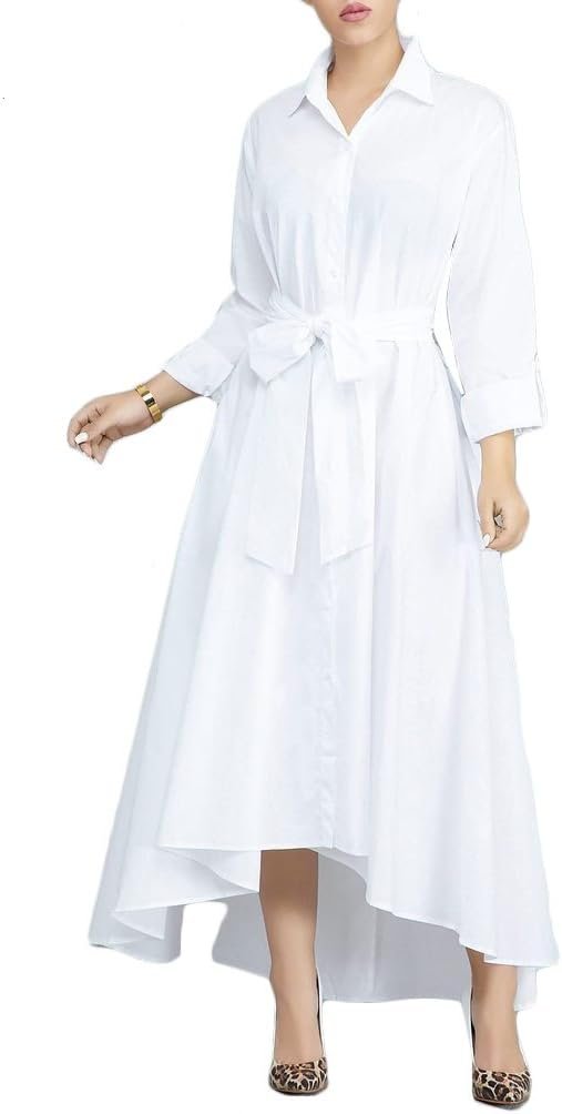 VERWIN Women Long Sleeve Loose Elegant Maxi Dress Button Down Up Shirt Long Dress with Pockets and Belts