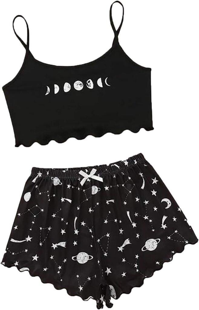 Vimoli Women’s Short Pyjama Set Cartoon Pattern Top and Shorts Two-Piece Sleepwear Summer Vest Tops Leisure Suit Fashion Stylish Printed Crop Tops Teenager Girls Cute Pyjamas