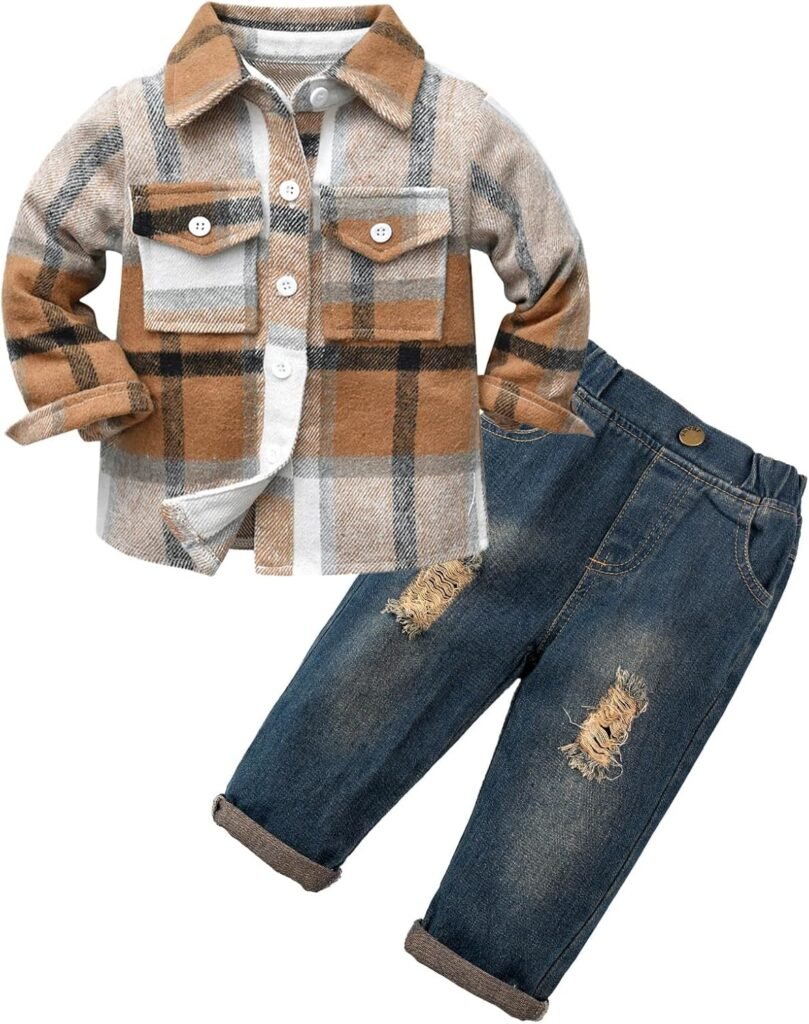 Volunboy Baby Boy Clothing Sets, Long Sleeve Flannel Shirts + Blue Ripped Jeans 2PCS Fall Winter Casual Outfits Volunboy Baby Boy Clothing Sets, Long Sleeve Flannel Shirts + Blue Ripped Jeans 2PCS Fall Winter Casual Outfits