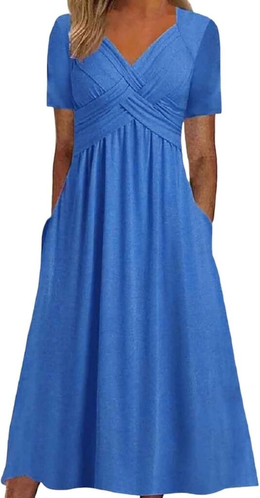 WILLBEST Womens Summer Wrap Maxi Dress Casual Boho Print V-Neck Short Sleeve Ruffle Elastic Waist Beach Long Sundresses