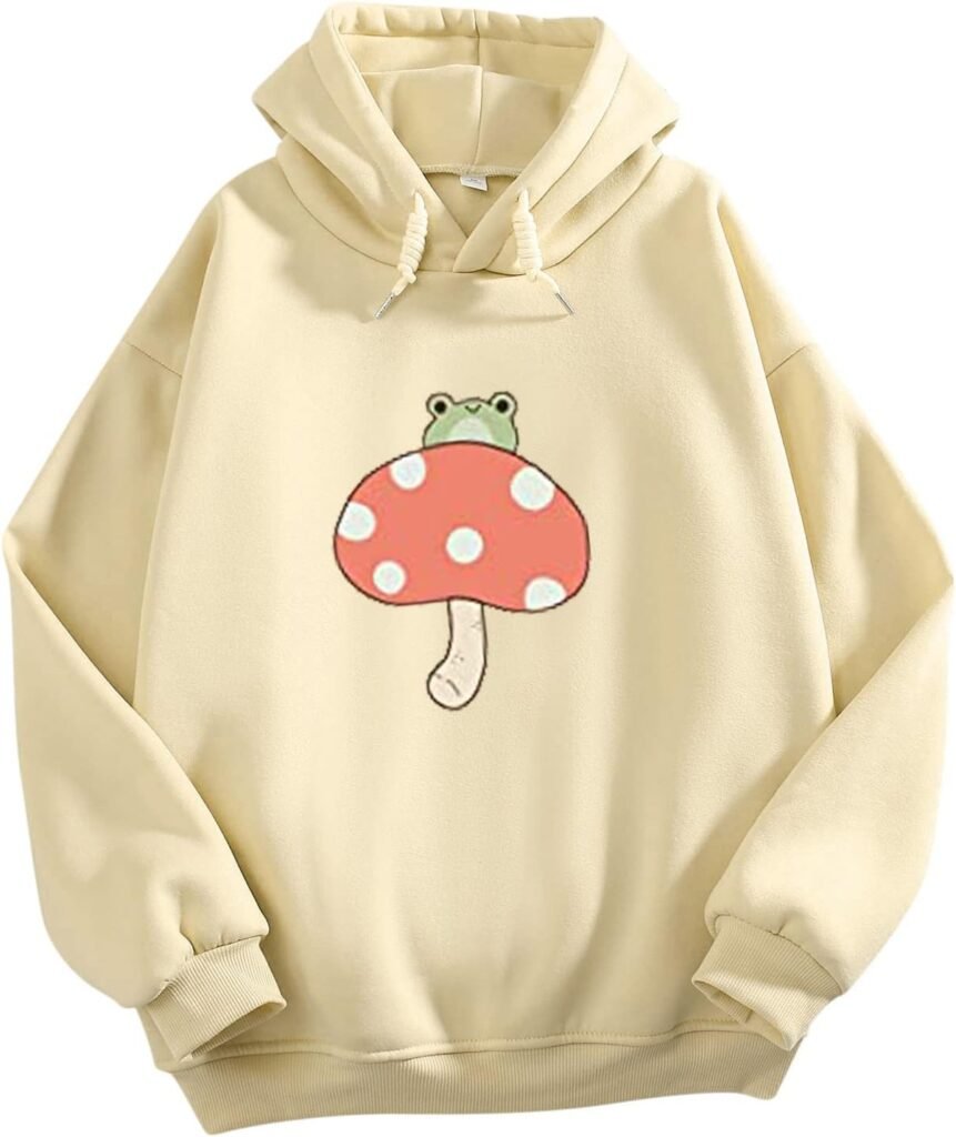 WUDATI Cute Mushroom Frog Hoodie for Women Hooded Sweatshirt Clothes Hoodies for Teen Girls Aesthetic Tops