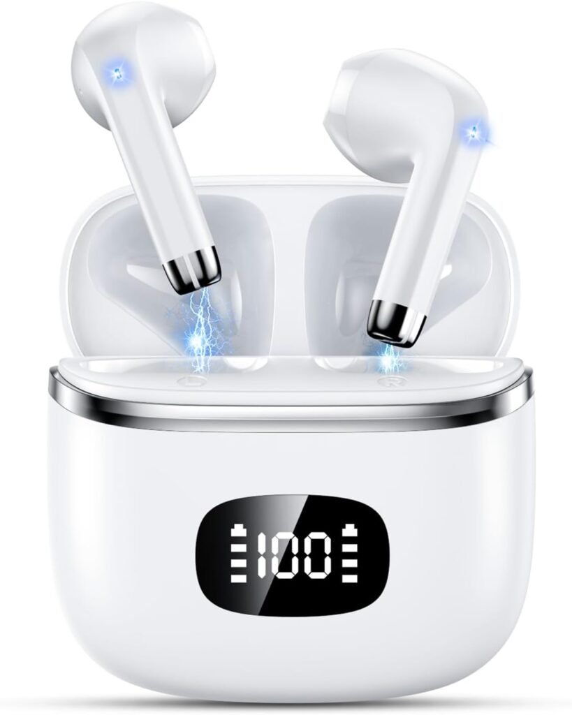 Wireless Bluetooth Headphones, Bluetooth 5.3 Earphones with ENC Reduction Headset, 40 Hours Playtime with LED Display, Hi-Fi Stereo Sound, IP7 Waterproof, Touch Control Bluetooth Headset, White