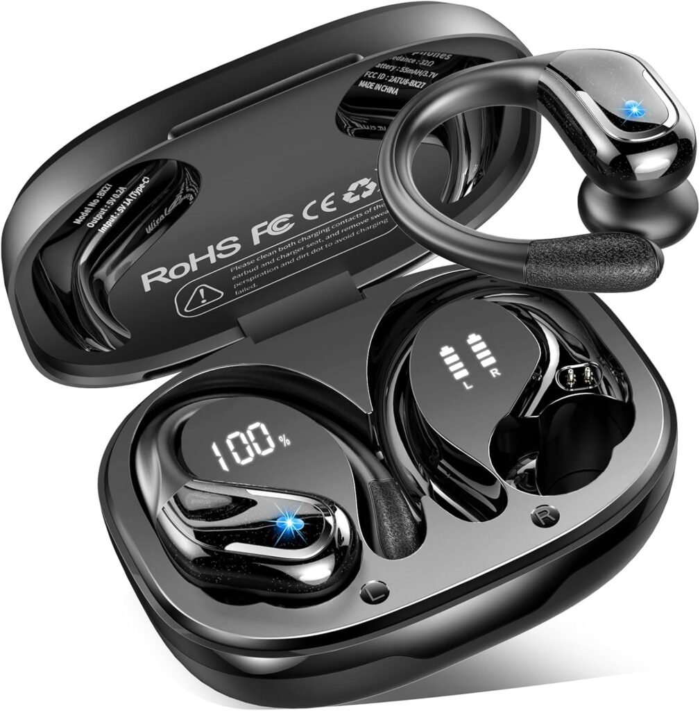 Wireless Earbuds, 75H Bluetooth 5.4 Headphones Sports with ENC Mic, Stereo Noise Cancelling Ear Buds, Wireless Headphones with Earhooks, LED Display, IP7 Waterproof Bluetooth Earphones for Running Gym