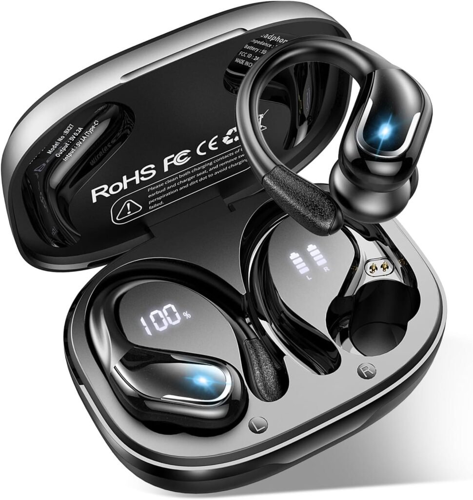 Wireless Earbuds, Ltinist Bluetooth 5.3 Headphones, Wireless Earphones 75H Playtime and HiFi Stereo Sound with Mic, Dual LED Display, IP7 Waterproof in Ear EarHooks, USB-C, Headsets for Sport, Running