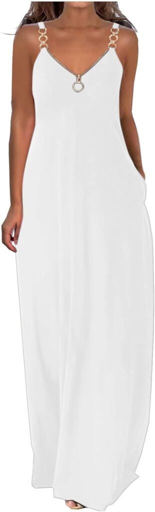 Women Dress Sale Clearance Summer Dresses Casual Boho Solid Color Hoop Sling Beach Long Maxi Dress With Pockets UK Ladies Dress Party Elegant Beach Dress Club Cocktail Work Dresses Evening Gowns