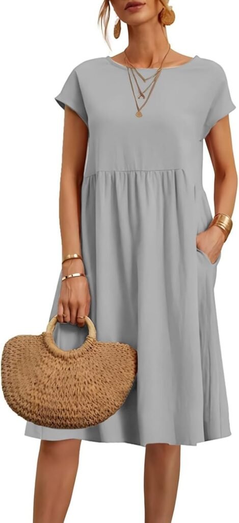 Women Dresses 2024 Summer Casual Comfy Cotton Short Sleeve Tunic Beach Midi Dresses with Pockets