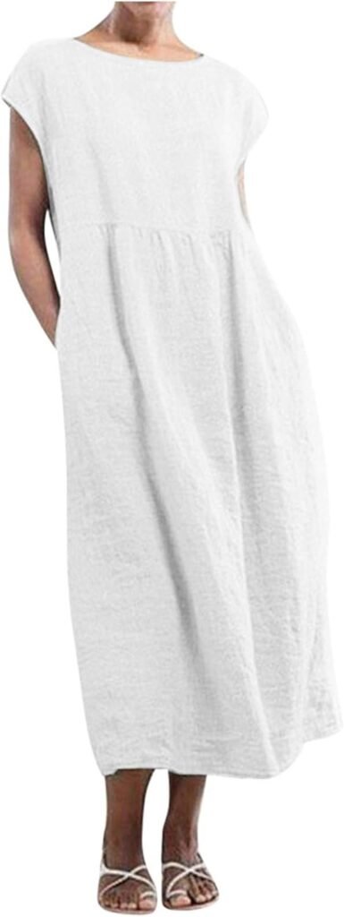 Women Dresses Sale Clearance Ladies’s Solid Sleeveless O-Neck Maxi Pockets Linen Loose Baggy Kaftan Long Dress for Special Occasions Party Cocktail Dress Summer Casual Dresses UK Size