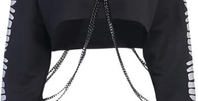 Women Gothic Reflective Print Hoodies Crop Top Pullover Sweatshirt Jumpers with Chain Women Gothic Punk Hooded Sweatshirt