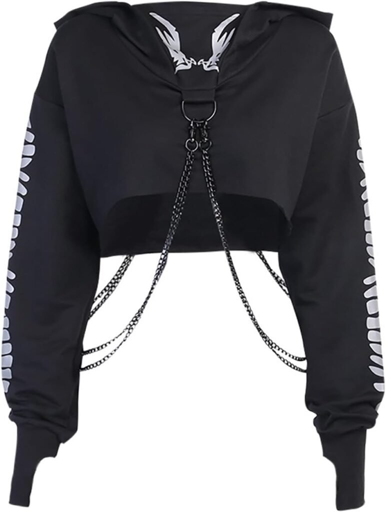 Women Gothic Reflective Print Hoodies Crop Top Pullover Sweatshirt Jumpers with Chain Women Gothic Punk Hooded Sweatshirt