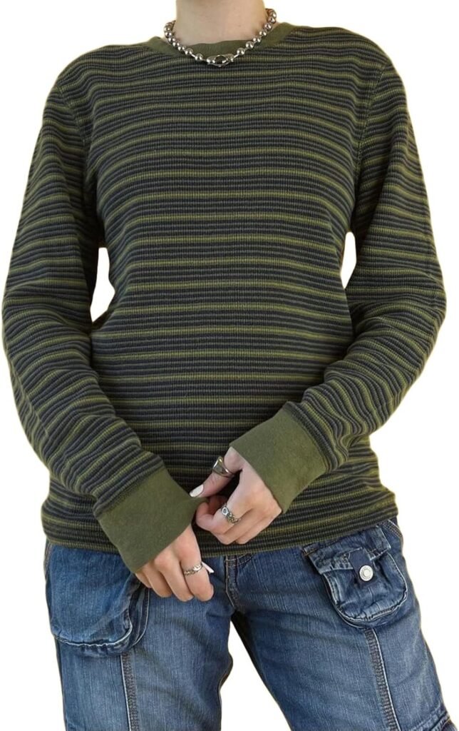 Women Y2k Striped Shirts Long Sleeve Fairy Grunge Baggy T-Shirt Vintage Harajuku Streetwear Teen Girls Tee Tops